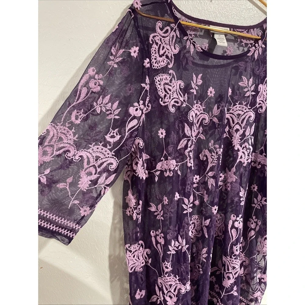 Catherines 2x 22/24 Dark Purple Embroidered Mesh 3/4 sleeve Sheer Swim Cover Top